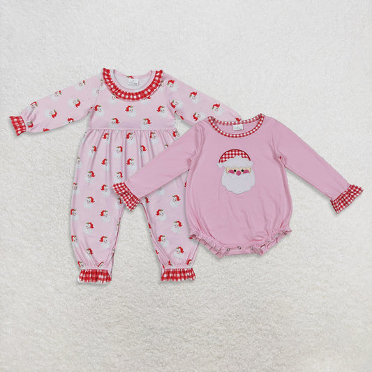 9.30 RTS Silbing Baby Infant Girls Christmas Pink Santa Long Ruffle Sleeve Rompers
