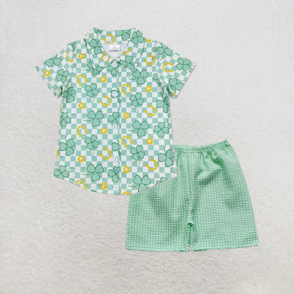 5.15 RTS NO MOQ （In stock）BT0543+SS0078 Green plaid clover boys button down shirt outfits