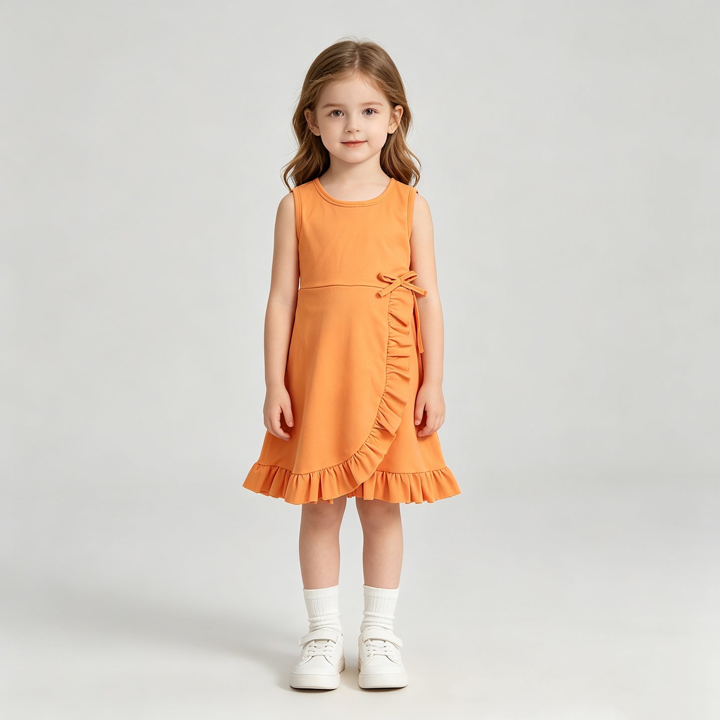 GSD3767  RTS NO MOQ （In stock）Baby Girls Orange Sleeveless Scallop Trim Yoga Knee Length Dress