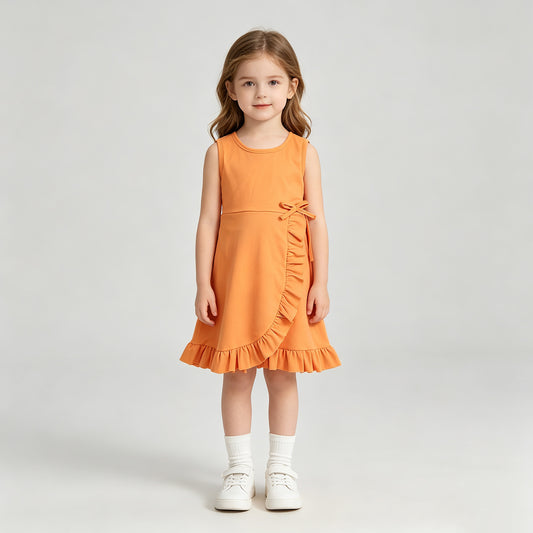 GSD3767  RTS NO MOQ （In stock）Baby Girls Orange Sleeveless Scallop Trim Yoga Knee Length Dress
