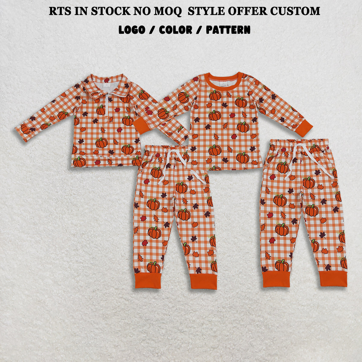 RTS NO MOQ Sibling milk silk Baby Boys Orange Checked Pumpkin Leaf Print Half Zip Pullover And Long Sleeve Top Matching Jogger Pants Fall Set