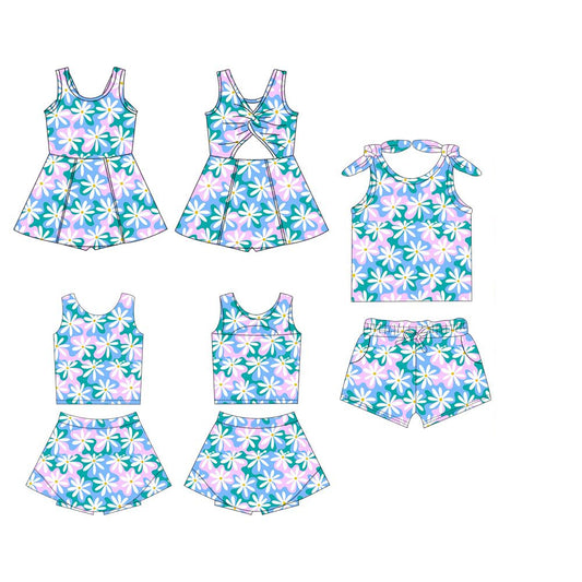 Delightful Light Blue Pink Floral Sleeveless Top and Skirt Set for Active Girls