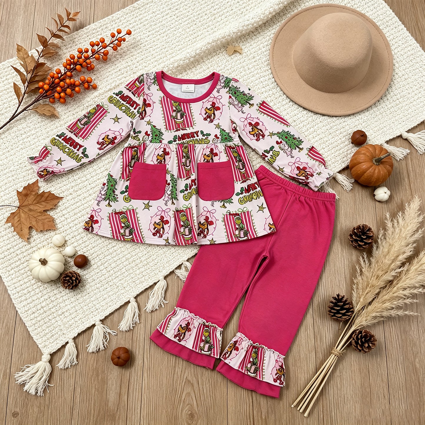 GLP3461 RTS NO MOQ （In stock）milk silk Cute Clothes Baby Girls Christmas Print Long Sleeve Pocket Tunic Elastic Waist Ruffle Hem Pants Holiday Outfit