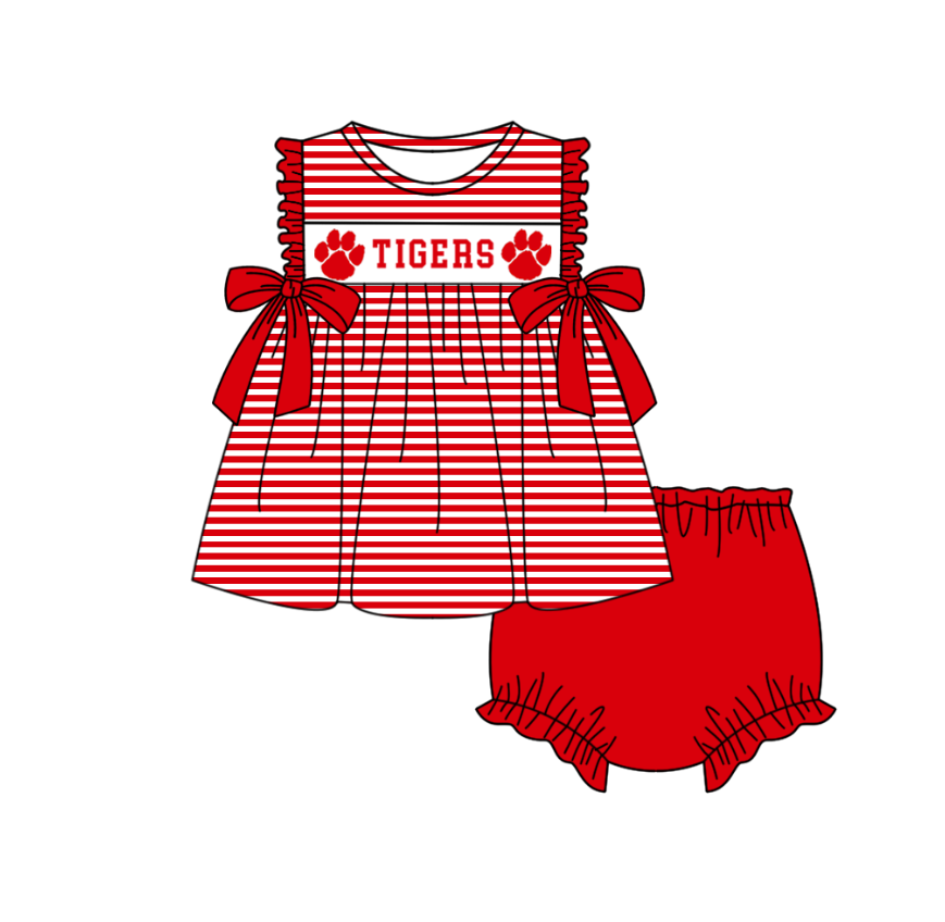 CUSTOM MOQ 5 Sibling Boys Baby Girls Red Stripe Top Ruffles Shorts Clothes Set Knee Length Dress Rompers