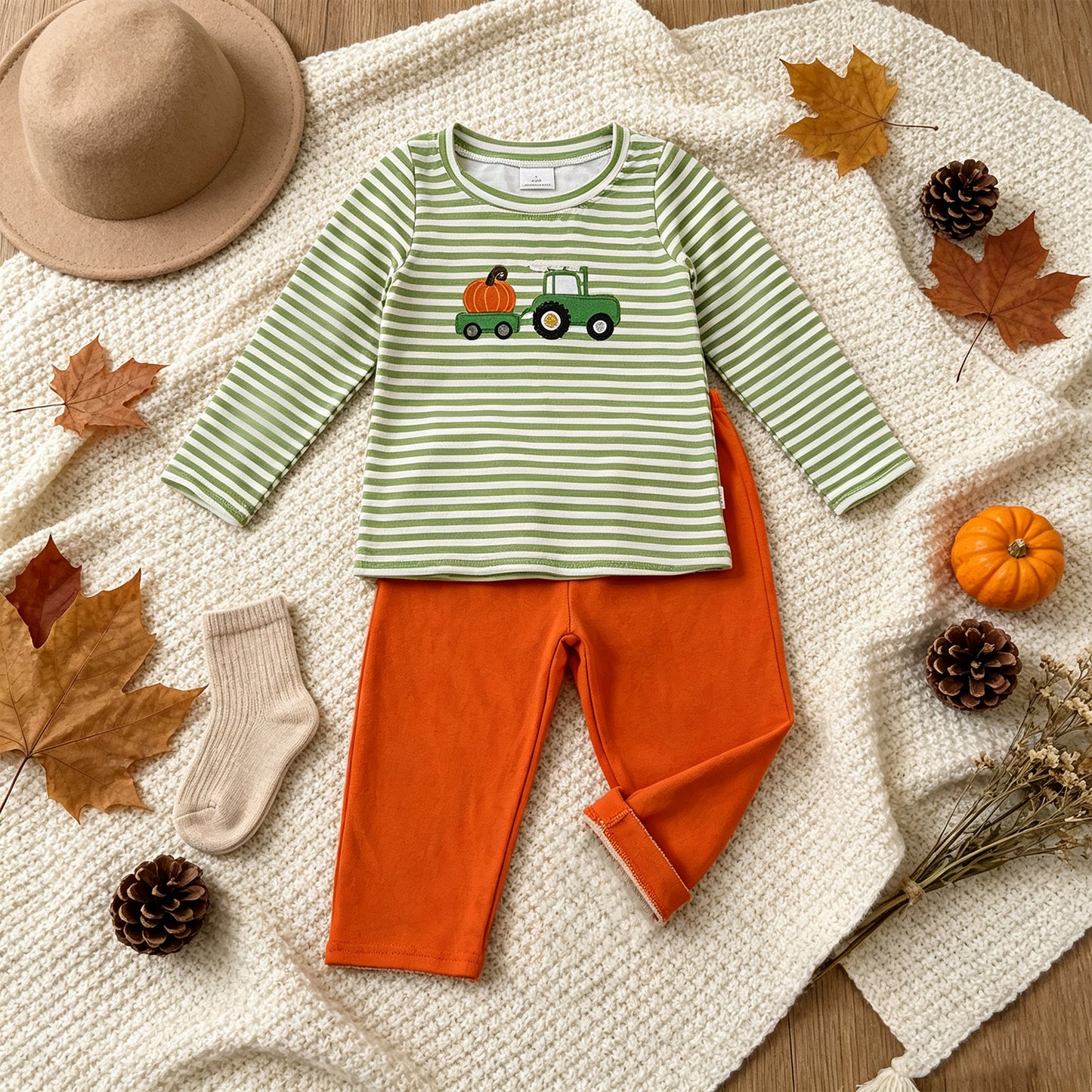 BLP1441 RTS NO MOQ （In stock）milk silk  Embroidery Baby Boys Green Stripe Pumpkin Truck Embroidery Top Pant Fall Holiday Sets