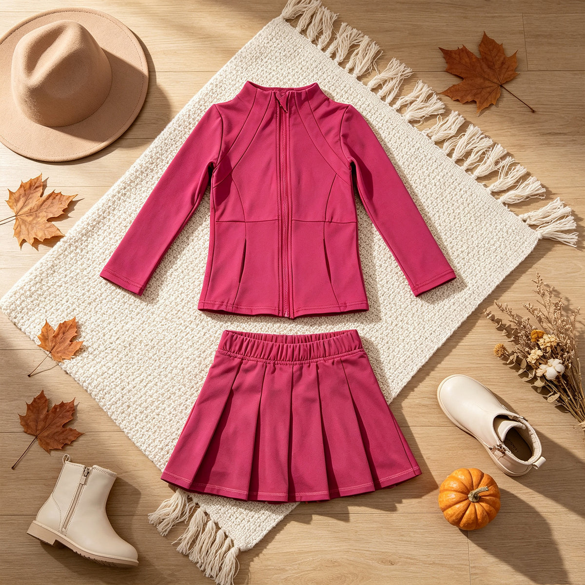 RTS NO MOQ （In stock）yoga fabric cotton GLD1703 （GT1802+GLK0079）Yoga Girls Hot pink Zip Long Sleeve Top Skorts Bottom Pleated Skirts Yoga Set