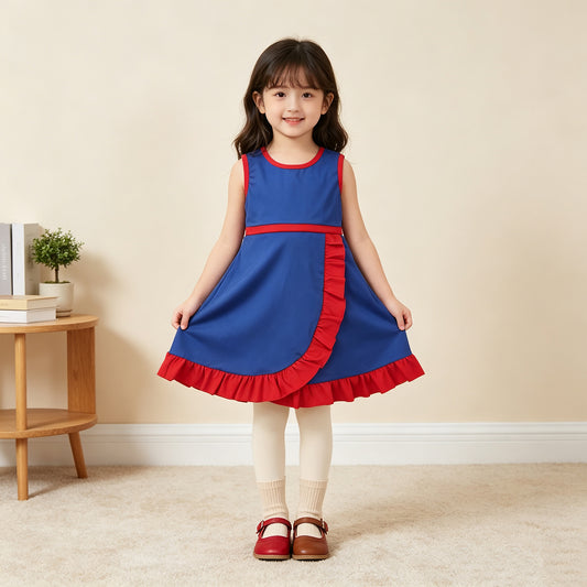 GSD4133  RTS NO MOQ （In stock）cotton Baby Girls Navy Printed Sleeveless Scallop Yoga Active Short Knee Length Dress