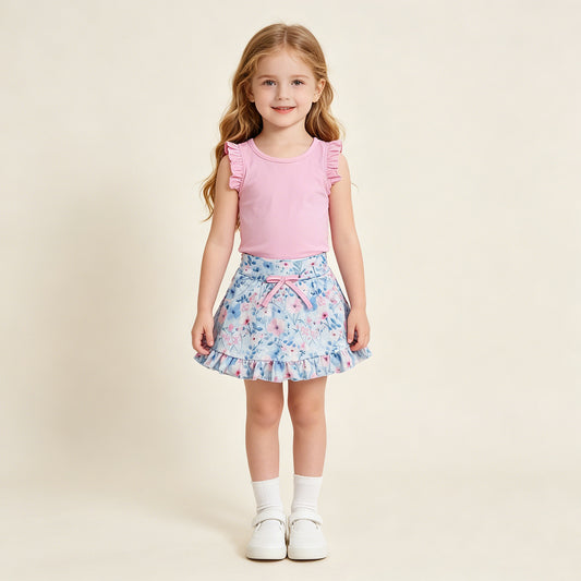 GSD3773 RTS NO MOQ （In stock ）Sleeveless pink top floral skirt girls active wear set