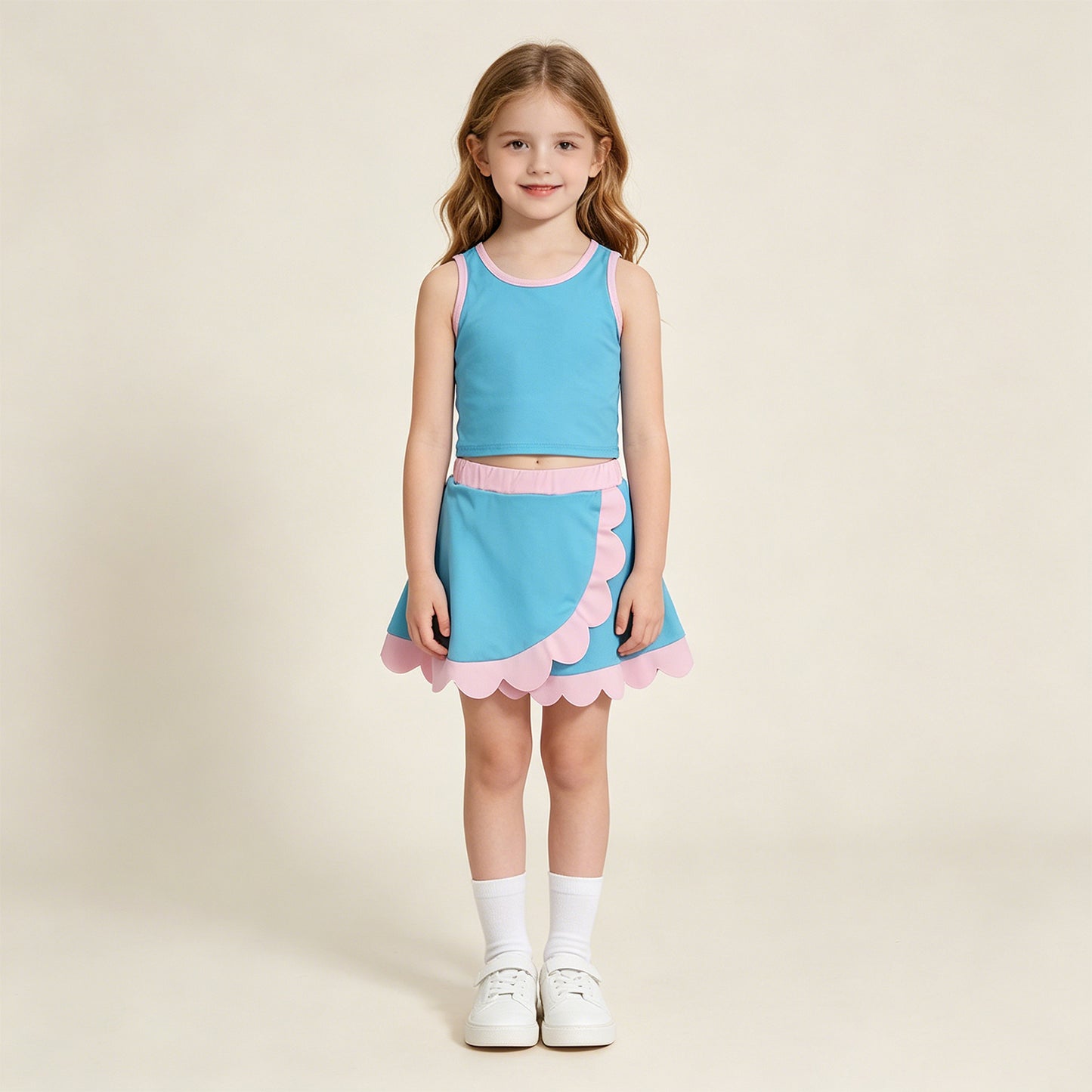 GSD4013 RTS NO MOQ （In stock）Sleeveless aqua pink scallop kids girls active wear set