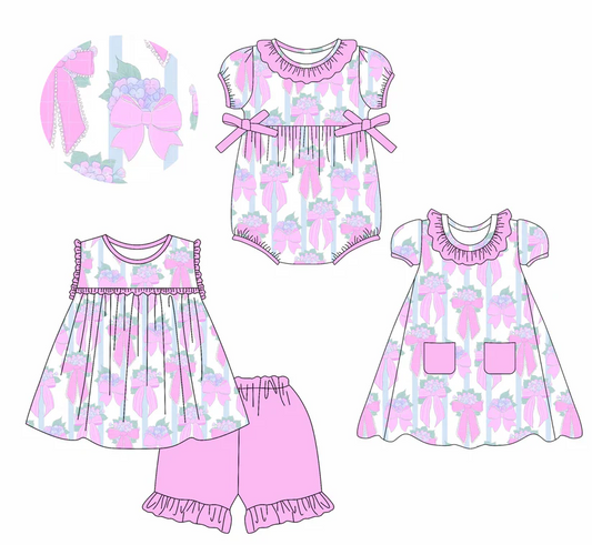 Girls Sleeveless Floral Bow Tunic Short Set Pink Casual Comfortable Clothing for Kids