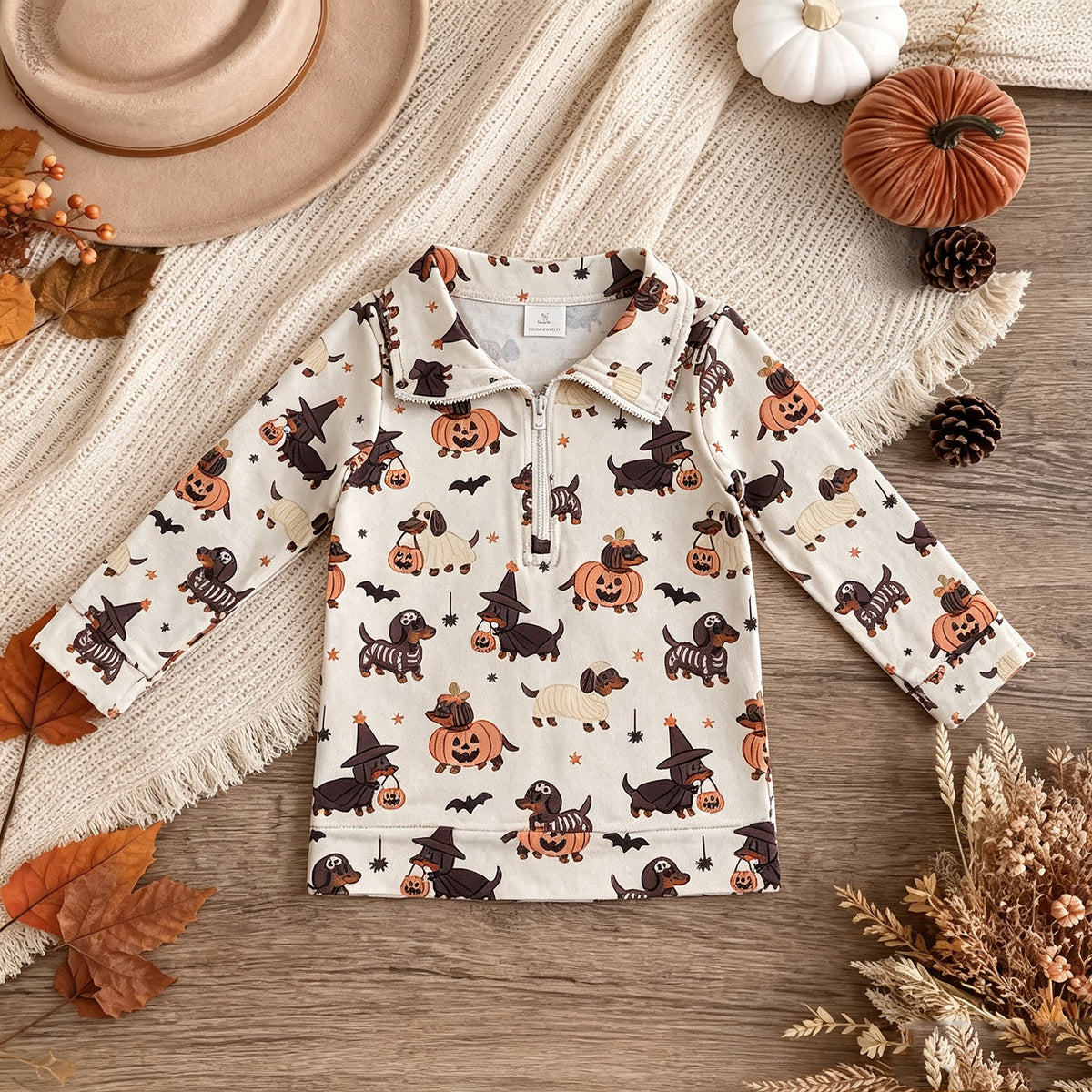 RTS NO MOQ （In stock）milk silk BT1896 Baby Boys Long Sleeve Ghost Pumpkins Dogs Halloween Zip Pullovers Top