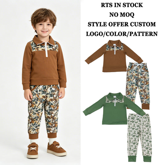 RTS NO MOQ Sibling milk silk Long sleeves zipper pullover pants boys outfits