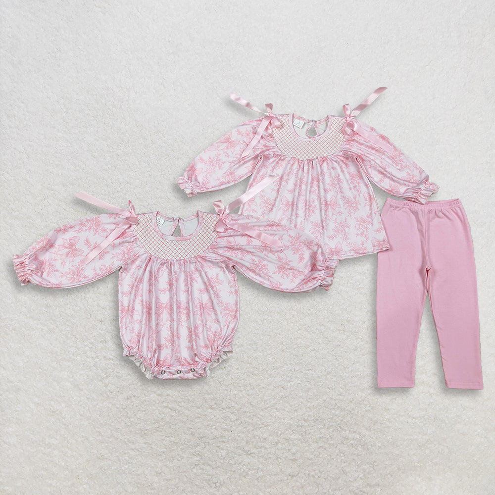 4.1 RTS Sibling Long sleeves pink bow floral tunic leggings girls outfits