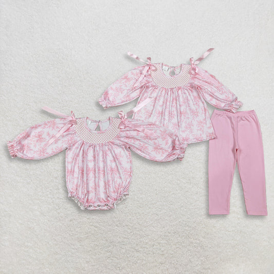 4.1 RTS Sibling Long sleeves pink bow floral tunic leggings girls outfits
