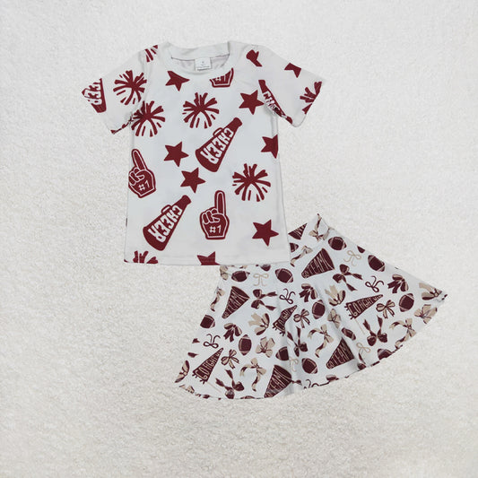 6.1 RTS NO MOQ （In stock）GT1093+GLK0139 Maroon short sleeves kids girls cheer shirt with Maroon bow kids girls activewear skirt