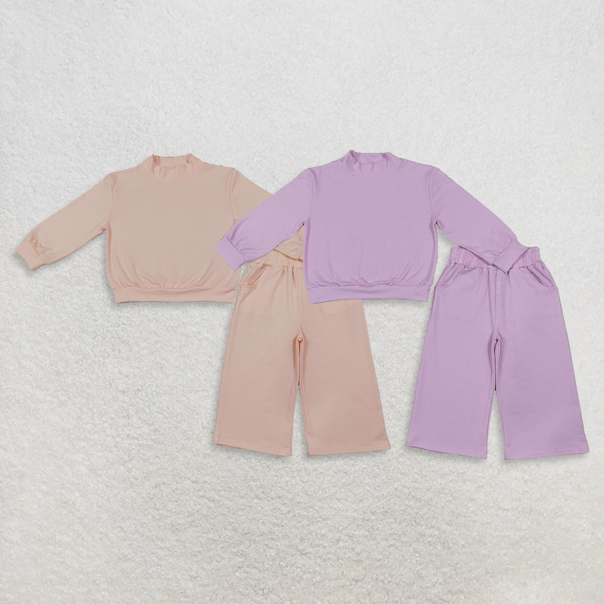RTS NO MOQ Sibling cotton Baby Girls Solid Color Mock Neck Long Sleeve Top and Elastic Waist Wide Leg Pants Set