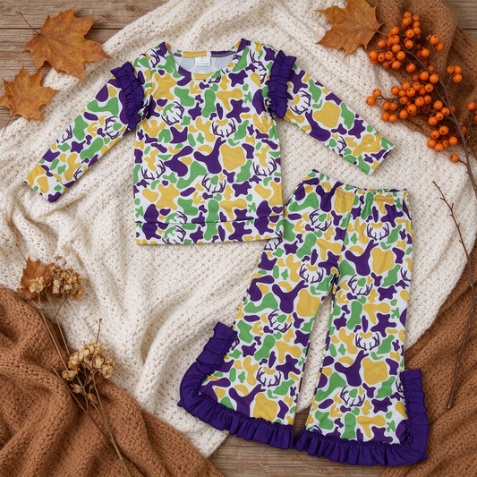 RTS NO MOQ （In stock）milk silk GLP3872 Baby Girls Mardigras Deer Camo Top Bell Bottom Pant Hunting Clothes Set