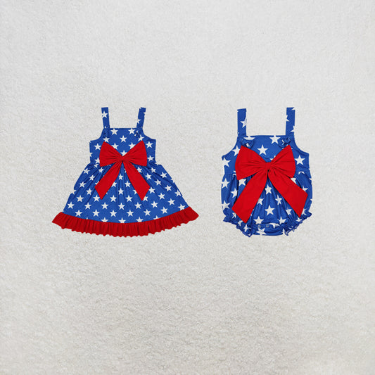 RTS Sibling Blue straps stars ruffle bow baby girls 4th of july dresses and romper