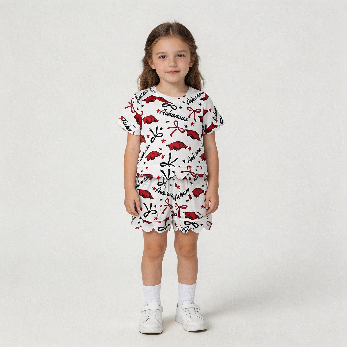 GSSO3254 RTS NO MOQ （In stock ）Short sleeves hogs bow scallop girls team outfits