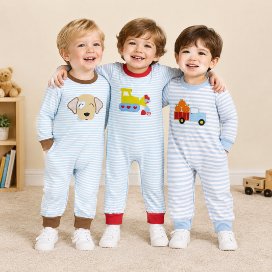 RTS NO MOQ Sibling Embroidery Baby Boys Blue Stripe Valentines Footie Rompers