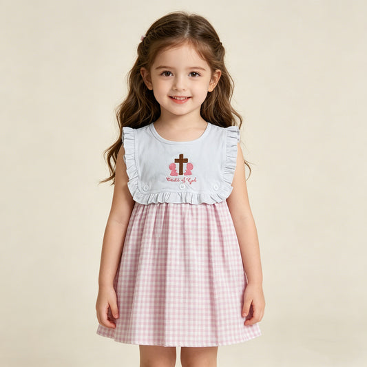 4.15 GSD3201 RTS NO MOQ （In stock ）Child of god cross pink plaid girls Easter dresses