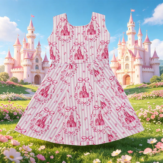 USA Warehouse (IN STOCK) Pink sleeveless stripe bow castle girls athletic dresses