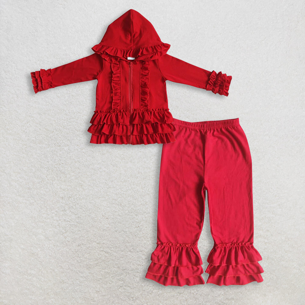 11.1 RTS NO MOQ （In stock）GT0019 + A14-23 Baby girls ruffle red jackets cardigans cotton triple ruffle pants
