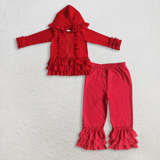 11.1 RTS NO MOQ （In stock）GT0019 + A14-23 Baby girls ruffle red jackets cardigans cotton triple ruffle pants