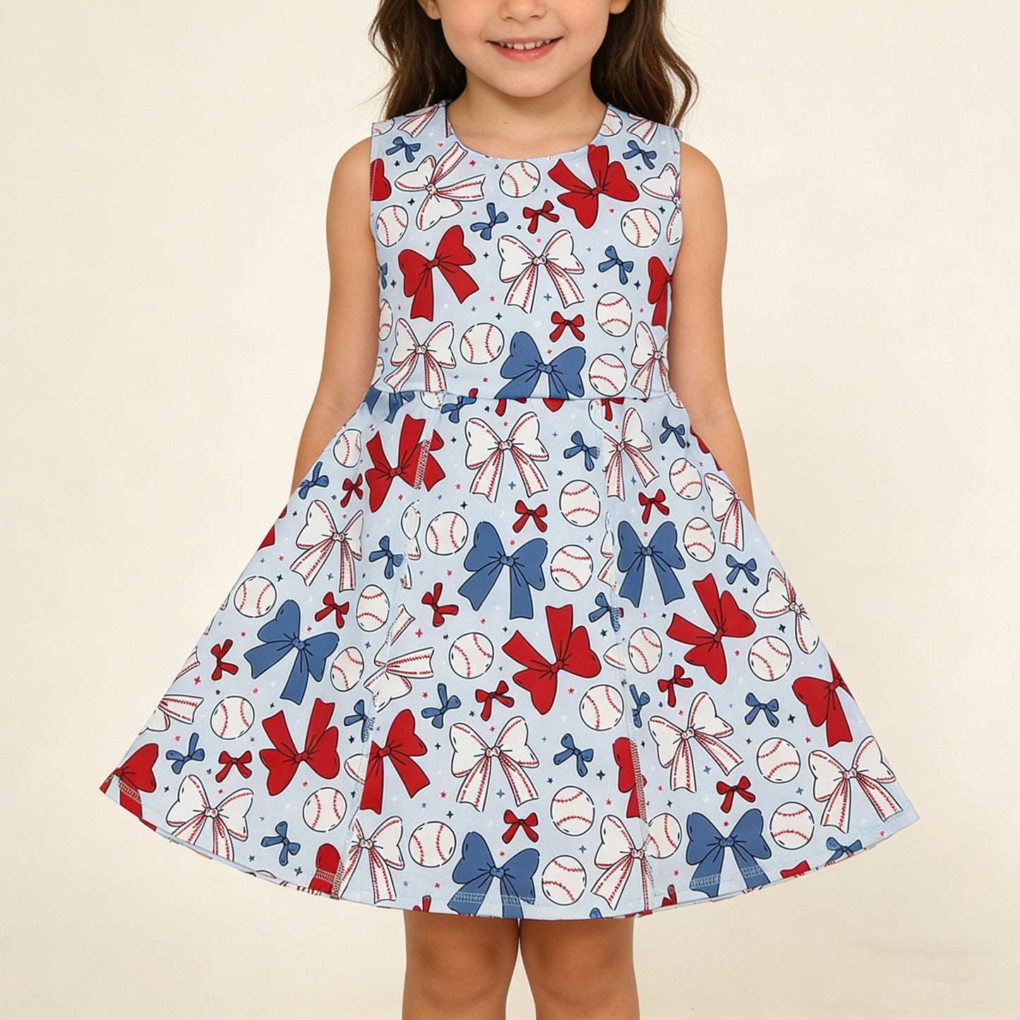 4.8 GSD2150 RTS NO MOQ （In stock) Sleeveless red blue bow baseball kids girls athletic dresses