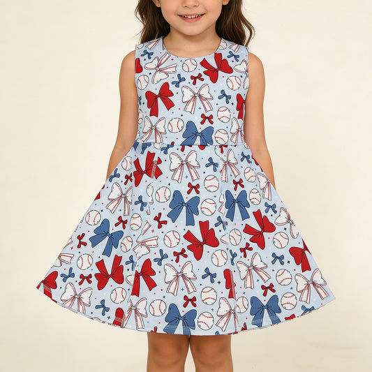 4.8 GSD2150 RTS NO MOQ （In stock) Sleeveless red blue bow baseball kids girls athletic dresses