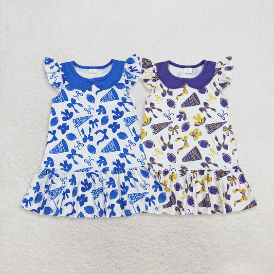 RTS Sibling Kids Girls Football Theme Dress with Flutter Sleeves And Blue/Purple Bow 'Go Team' Design for Children's Apparel