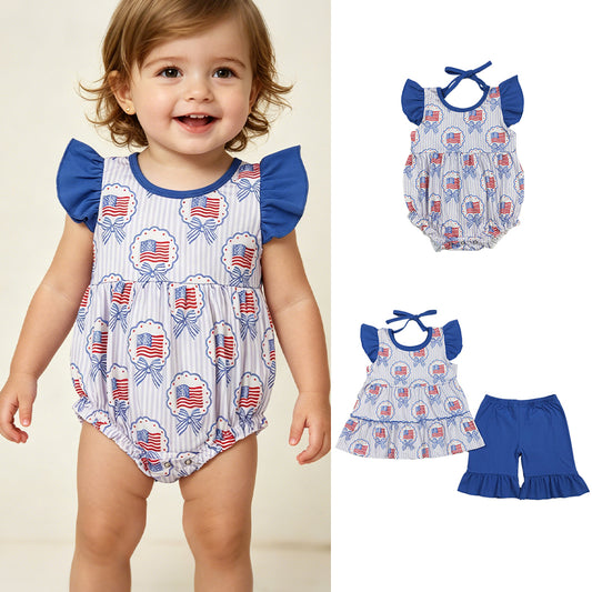 RTS Sibling Flutter sleeves bow flag tunic shorts girls 4th of july set and romper