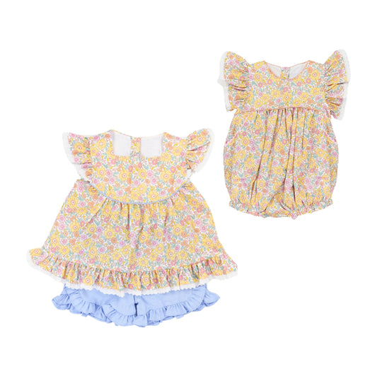 Baby Infant Girls Pink Yellow Flowers Flutter Sleeve Rompers and short sets preorder