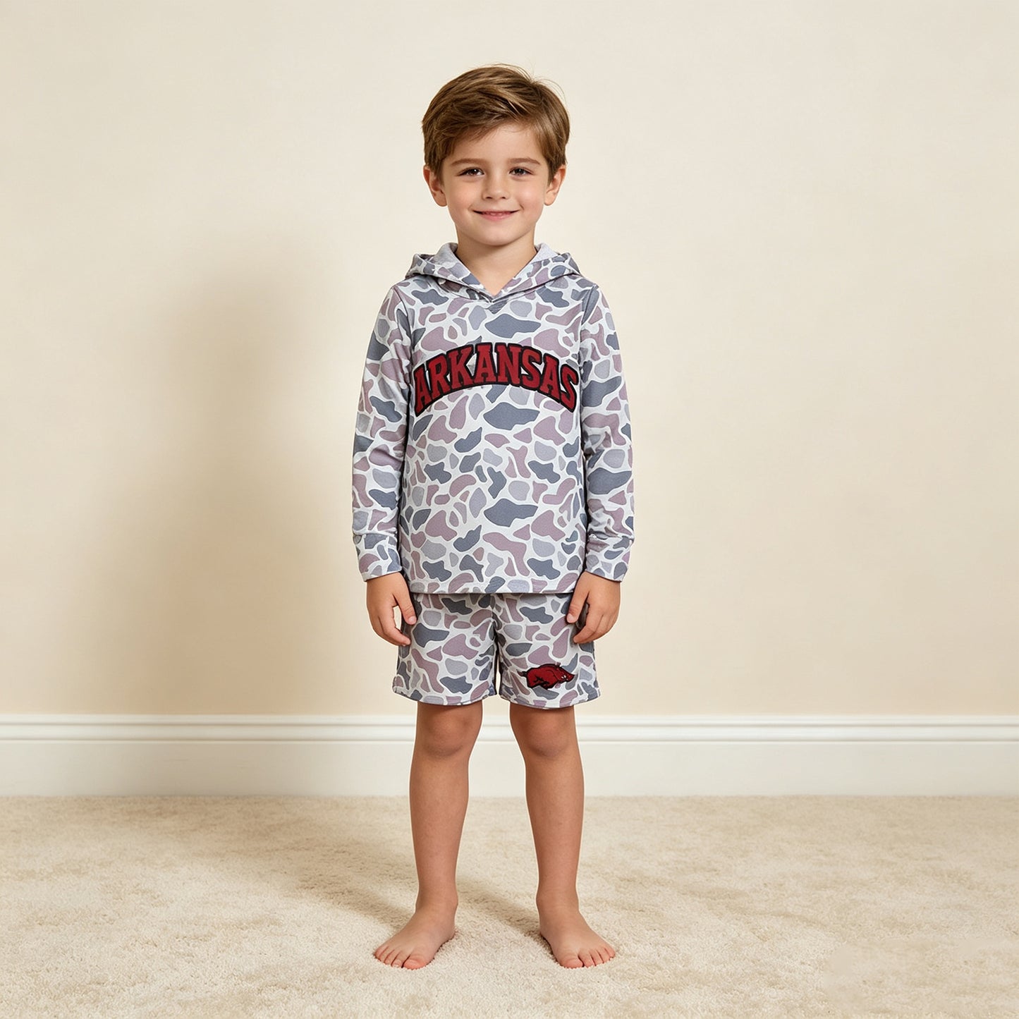 RTS NO MOQ milk silk BLS0046 Baby Boys Light Grey Camo Arkansas Long Sleeve Hoodie Pockets Short Team Clothes Set