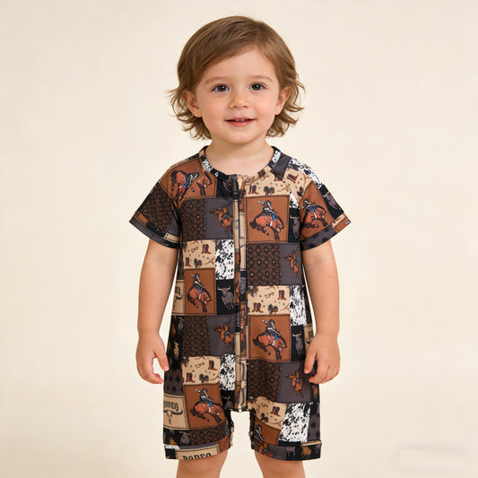 4.2 SR3545 RTS NO MOQ （In stock) Short sleeves cow rodeo baby boy zipper romper