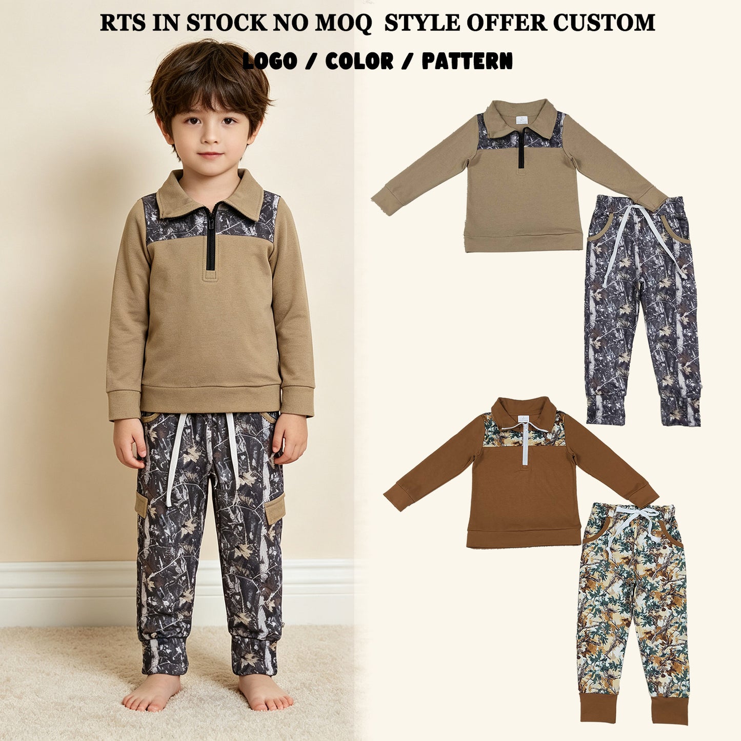 RTS NO MOQ Sibling milk silk Baby Boys Khaki Zip Pullover Leaves Camo Pockets Jogger Clothes Sets Hunting Casual Outfit