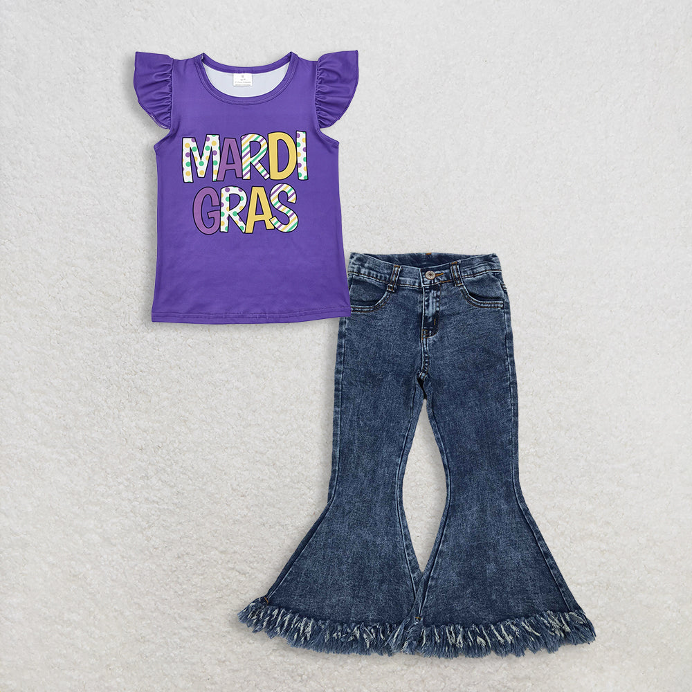 3.2 RTS NO MOQ （In stock）GT0814 + P0132 Baby Girls Mardi Gras Purple Shirt Denim Jeans Pants Clothes Sets