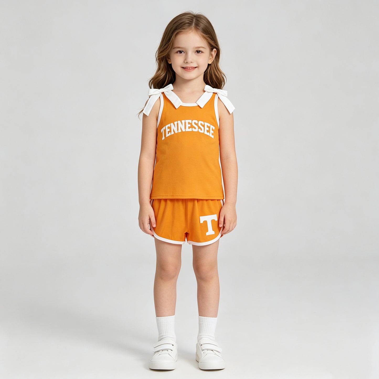 GSSO3829 RTS NO MOQ （In stock）Sleeveless white bow orange top shorts T team girls outfits