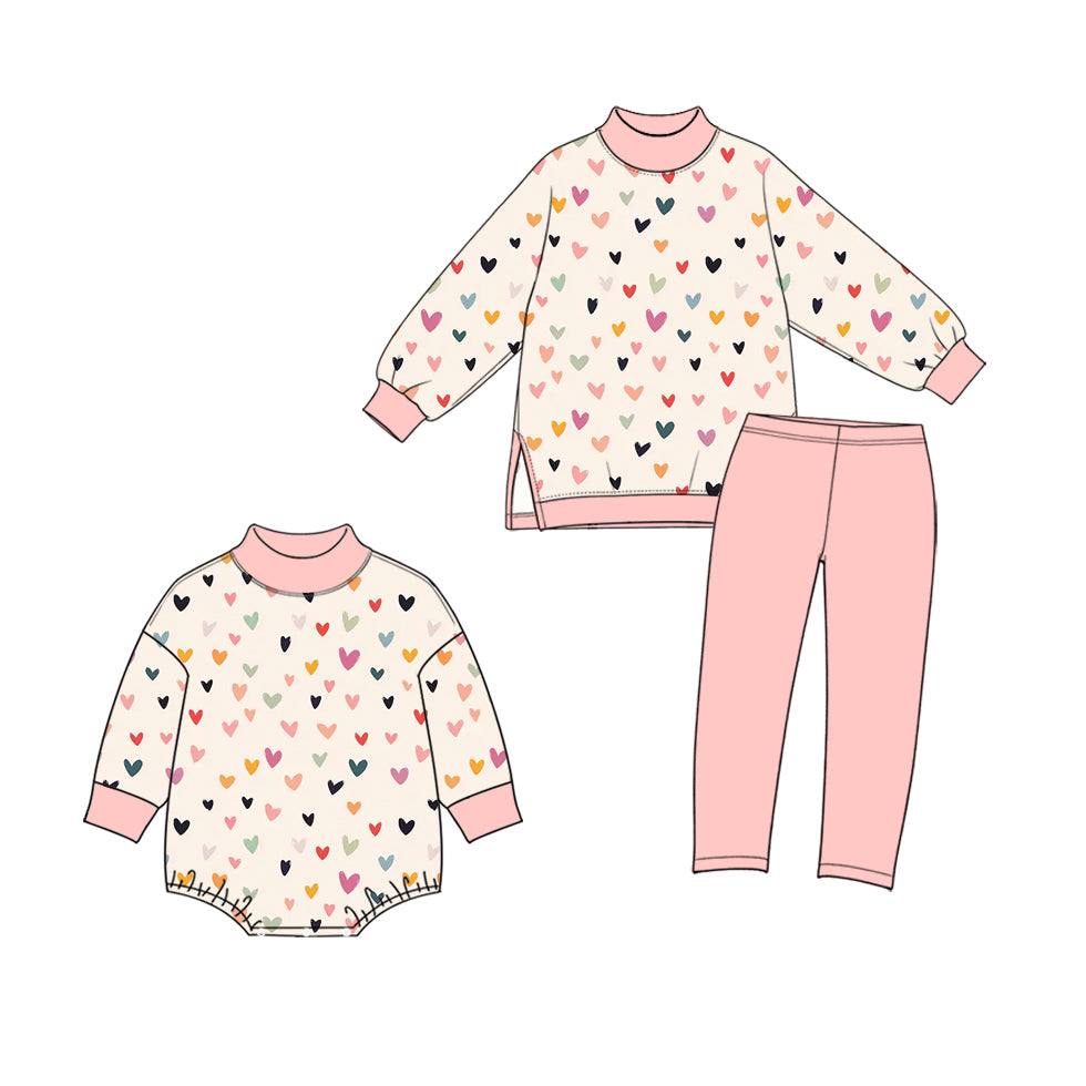 (Preorder new) No moq High Neck Baby Girls Heart Print Long Sleeve Top Pant Yoga Set Romper