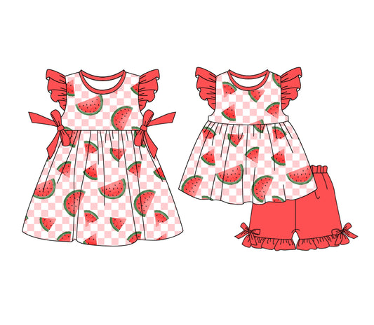 Flutter sleeves watermelon plaid tunic shorts girls summer set