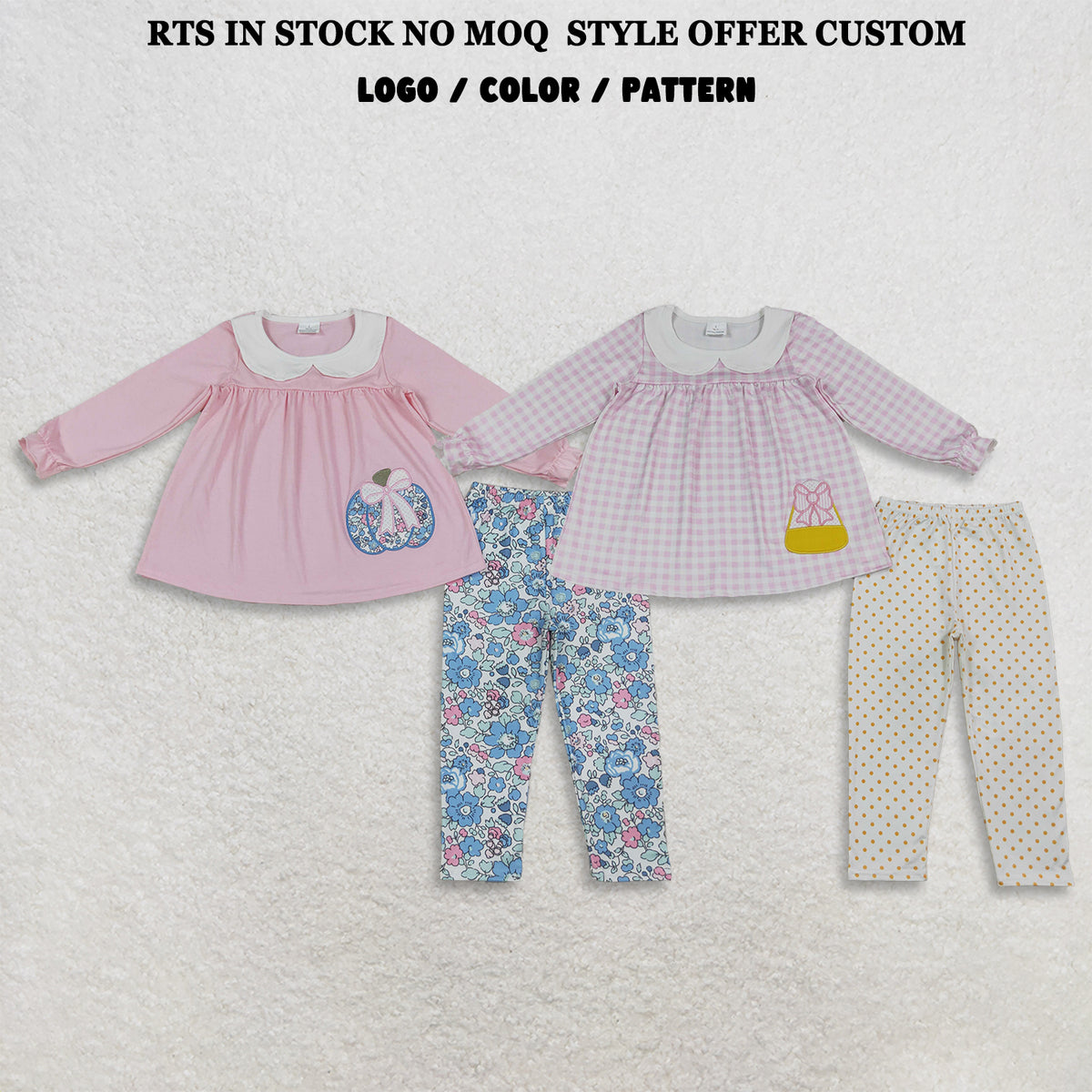 RTS NO MOQ Sibling milk silk Embroidery Baby Girls Long Sleeve Tunic Leggings Halloween Clothes Set