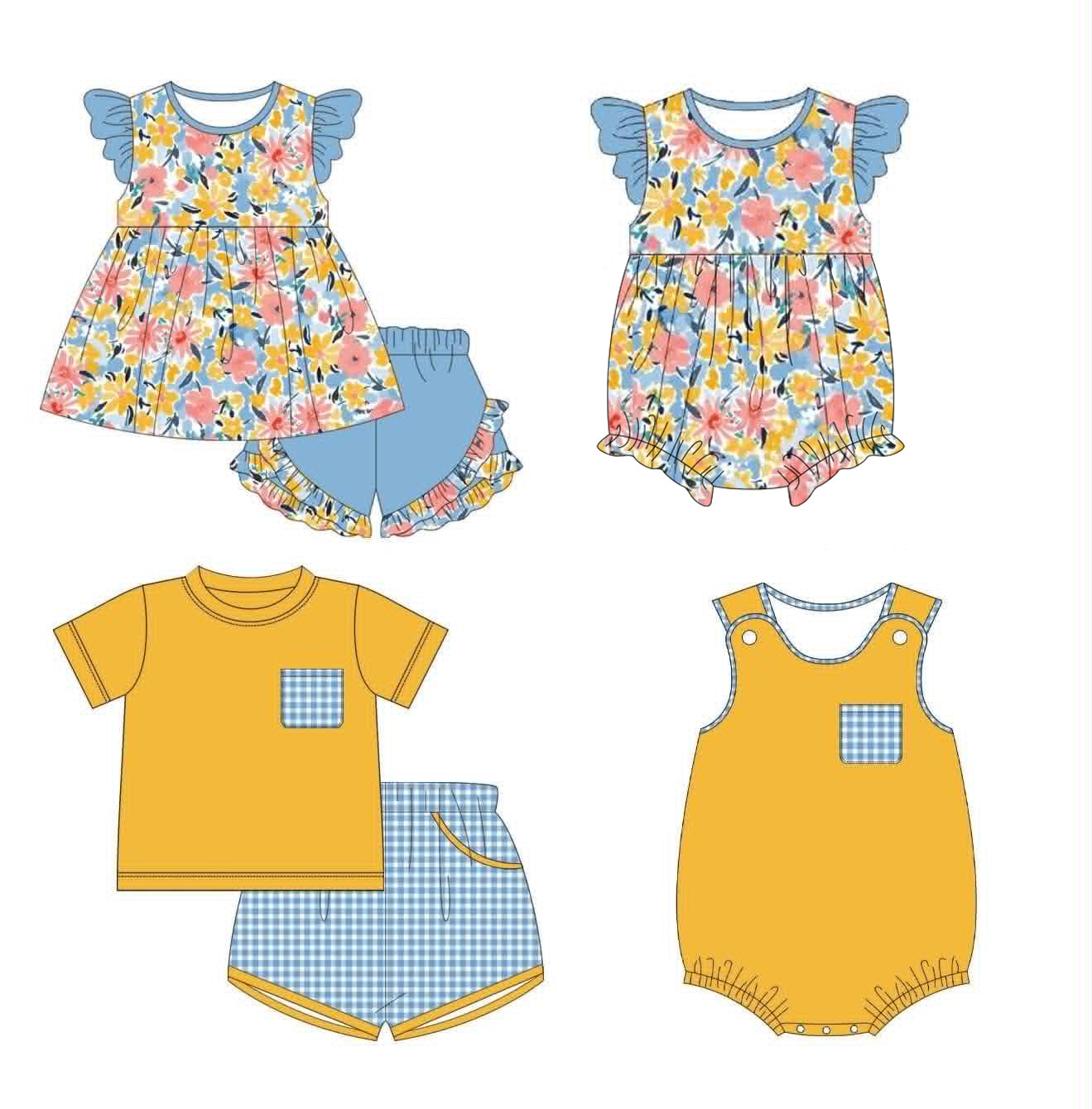 5.8 Pre order No Moq  Baby Girls Boys Short Sleeve Daily Top Shorts Set With Matching Romper