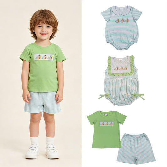 RTS Sibling Short sleeves duck embroidery top stripe shorts boys and girls outfits and romper