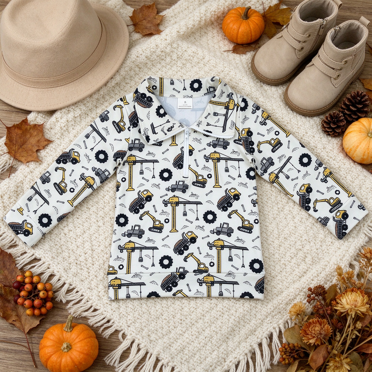 RTS NO MOQ （In stock）milk silk BT1835 Baby Boys Long Sleeve Excavators Print Zip Pockets Pullovers Top