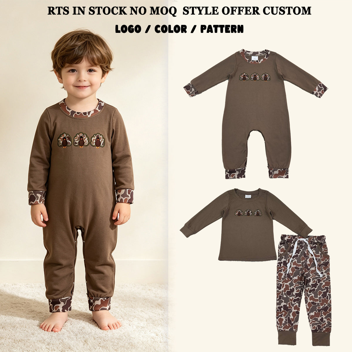 RTS NO MOQ Sibling milk silk Embroidery Camo Turkey Baby Boys Pockets Jogger Casual Fall Outfit Rompers