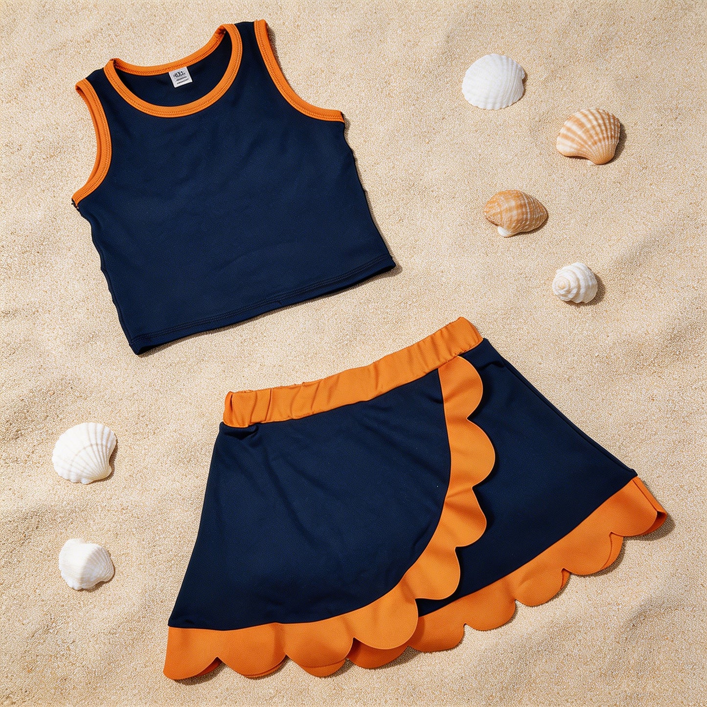 GSD4017 RTS NO MOQ （In stock ）Sleeveless navy orange scallop girls team active wear set