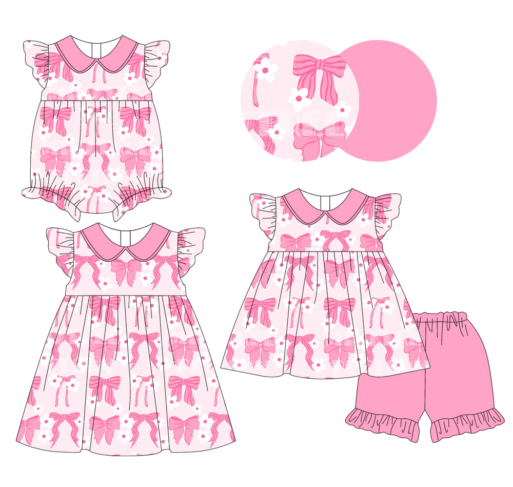 Pink flutter sleeves floral bow tunic shorts girls outfits