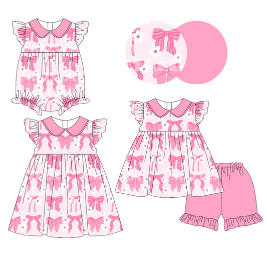 Pink flutter sleeves floral bow tunic shorts girls outfits