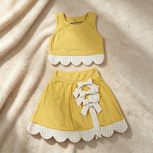 GSD3324 RTS NO MOQ （In stock）Yellow sleeveless bow scallop kids girls active wear set