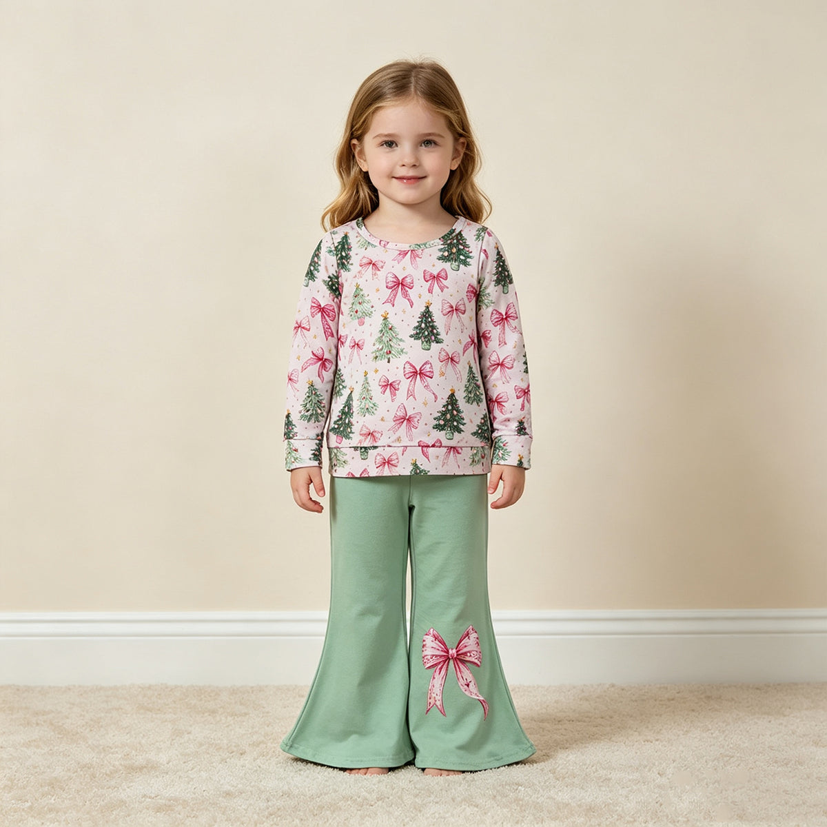 RTS NO MOQ （In stock）milk silk GLP3539 Baby Girls Christmas Tree Bow Print Long Sleeve Top Flare Pants Christmas Casual Outfit